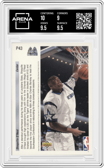 Shaquille O'Neal  from the 1992-93 Upper Deck  set graded by Arena Club and given an overall grade of 9.5.
