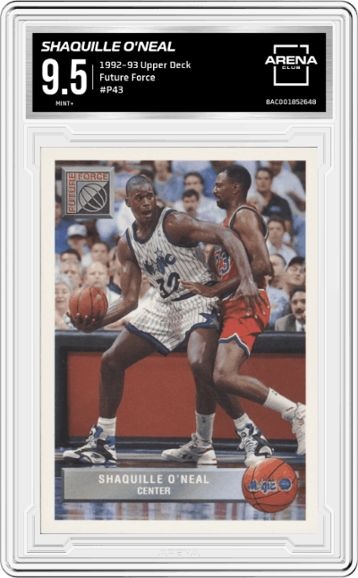 Shaquille O'Neal  from the 1992-93 Upper Deck  set graded by Arena Club and given an overall grade of 9.5.