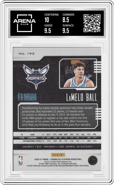 LaMelo Ball from the 2020-21 Panini Chronicles set graded by Arena Club and given an overall grade of 9.