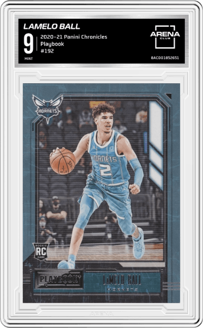 LaMelo Ball from the 2020-21 Panini Chronicles set graded by Arena Club and given an overall grade of 9.