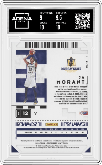 Ja Morant from the 2020-21 Panini Contenders Draft Picks set graded by Arena Club and given an overall grade of 9.5.