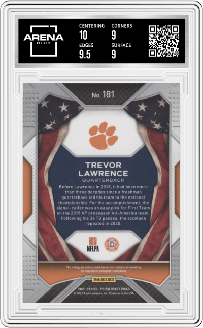 Trevor Lawrence from the 2021 Panini Prizm Draft Picks set graded by Arena Club and given an overall grade of 9.5.