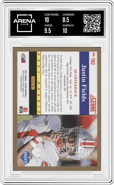 Justin Fields from the 2021 Panini Score set graded by Arena Club and given an overall grade of 9.