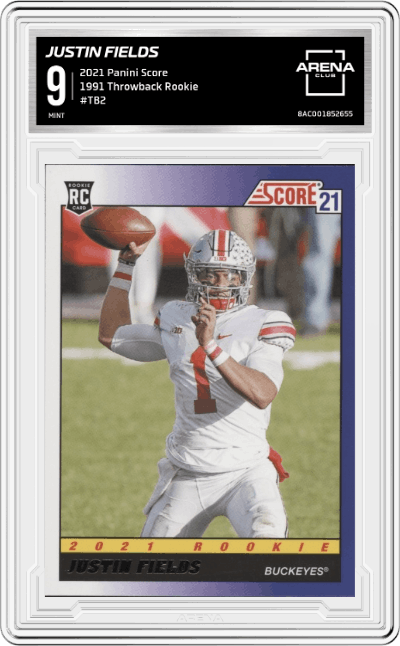 Justin Fields from the 2021 Panini Score set graded by Arena Club and given an overall grade of 9.