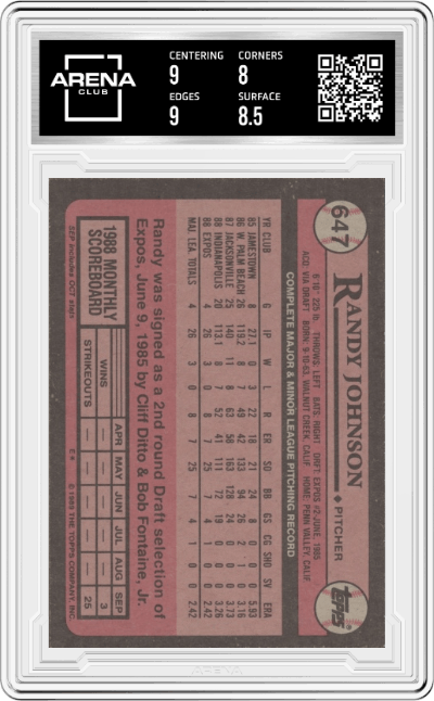 Randy Johnson from the 1989 Topps set graded by Arena Club and given an overall grade of 8.5.