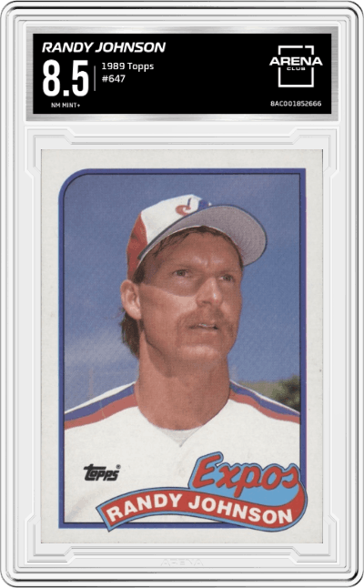 Randy Johnson from the 1989 Topps set graded by Arena Club and given an overall grade of 8.5.
