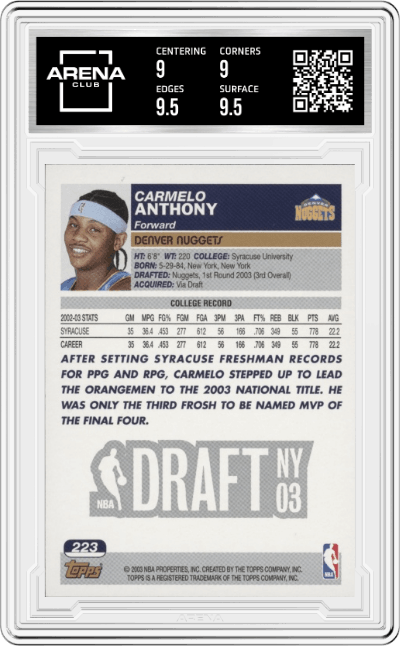 Carmelo Anthony from the 2003-04 Topps set graded by Arena Club and given an overall grade of 9.5.