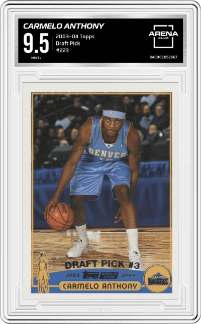 Carmelo Anthony from the 2003-04 Topps set graded by Arena Club and given an overall grade of 9.5.