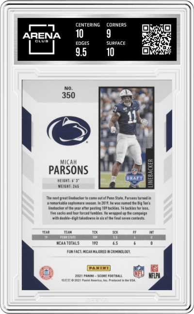Micah Parsons from the 2021 Panini Score set graded by Arena Club and given an overall grade of 9.5.