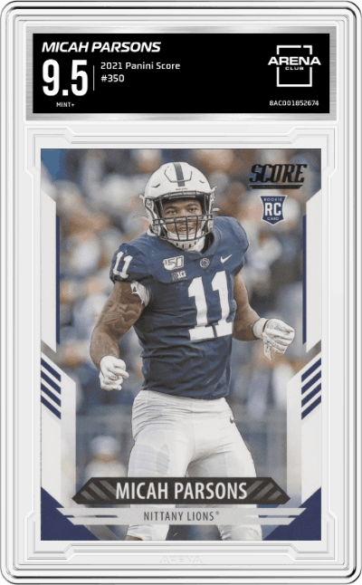 Micah Parsons from the 2021 Panini Score set graded by Arena Club and given an overall grade of 9.5.