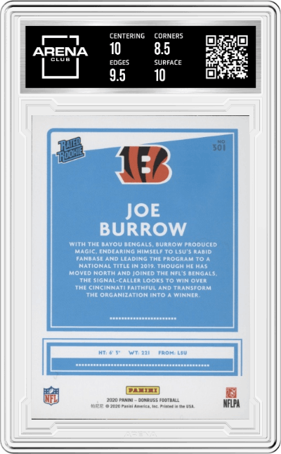 Joe Burrow from the 2020 Panini Donruss set graded by Arena Club and given an overall grade of 9.
