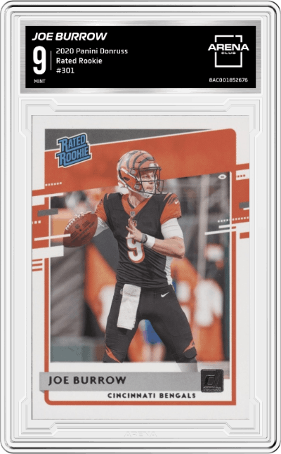 Joe Burrow from the 2020 Panini Donruss set graded by Arena Club and given an overall grade of 9.