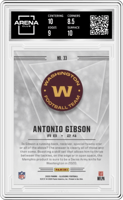 Antonio Gibson from the 2020 Panini Illusions set graded by Arena Club and given an overall grade of 9.