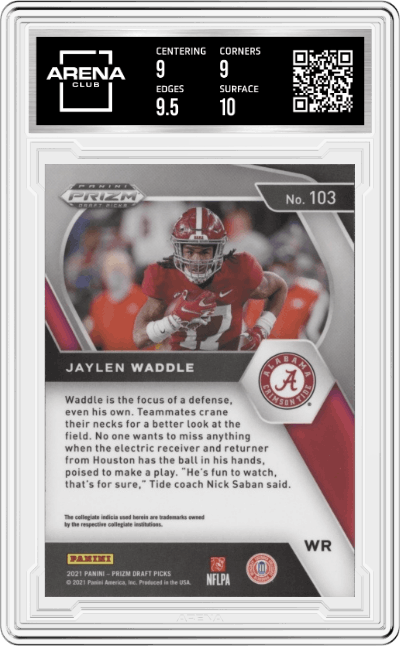 Jaylen Waddle from the 2021 Panini Prizm Draft Picks set graded by Arena Club and given an overall grade of 9.5.