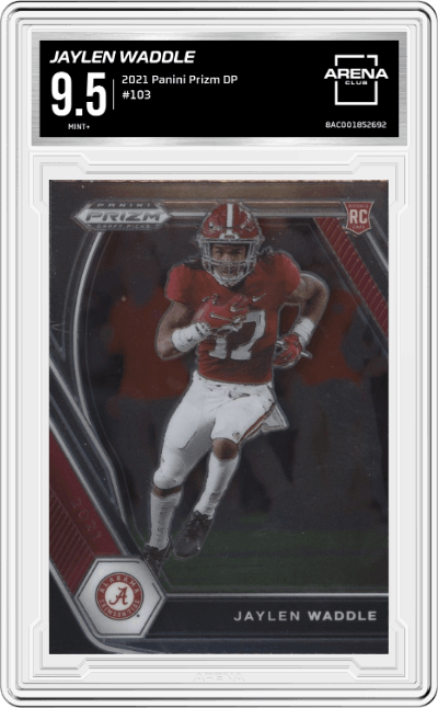 Jaylen Waddle from the 2021 Panini Prizm Draft Picks set graded by Arena Club and given an overall grade of 9.5.