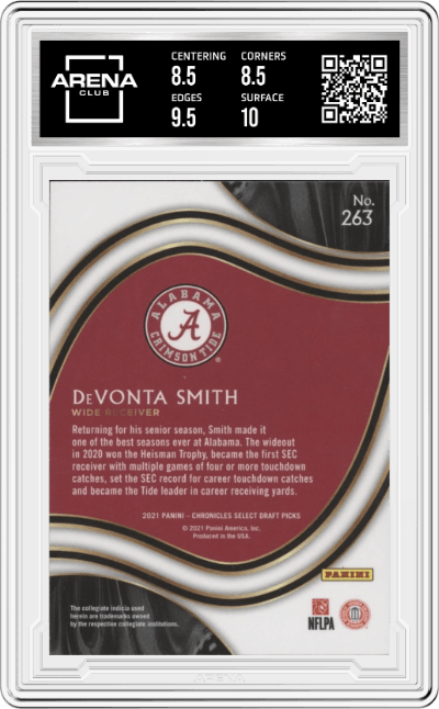 DeVonta Smith from the 2021 Panini Chronicles Draft Picks set graded by Arena Club and given an overall grade of 9.