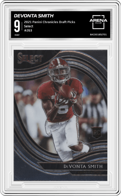 DeVonta Smith from the 2021 Panini Chronicles Draft Picks set graded by Arena Club and given an overall grade of 9.