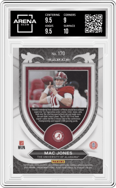 Mac Jones from the 2021 Panini Prizm Draft Picks set featuring a Green Prizm parallel graded by Arena Club and given an overall grade of 9.5.