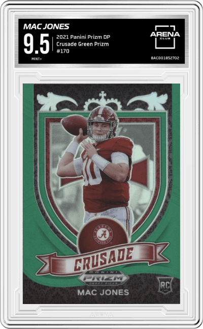 Mac Jones from the 2021 Panini Prizm Draft Picks set featuring a Green Prizm parallel graded by Arena Club and given an overall grade of 9.5.