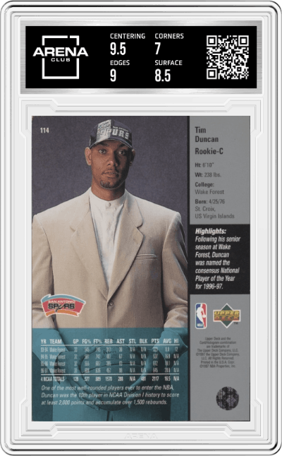 Tim Duncan from the 1997-98 Upper Deck set graded by Arena Club and given an overall grade of 7.5.