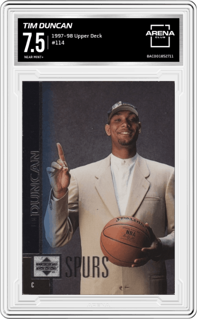 Tim Duncan from the 1997-98 Upper Deck set graded by Arena Club and given an overall grade of 7.5.