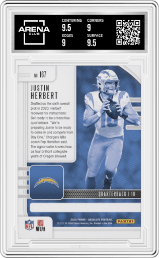 Justin Herbert  from the 2020 Panini Absolute set graded by Arena Club and given an overall grade of 9.5.