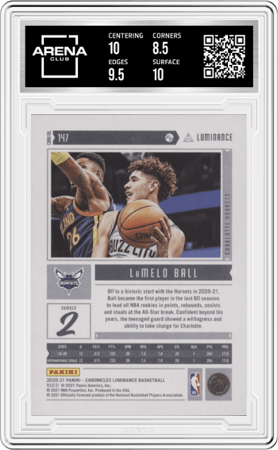 LaMelo Ball from the 2020-21 Panini Chronicles set graded by Arena Club and given an overall grade of 9.