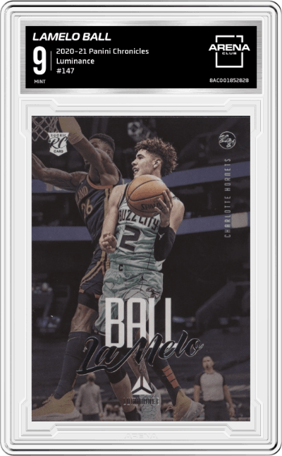 LaMelo Ball from the 2020-21 Panini Chronicles set graded by Arena Club and given an overall grade of 9.