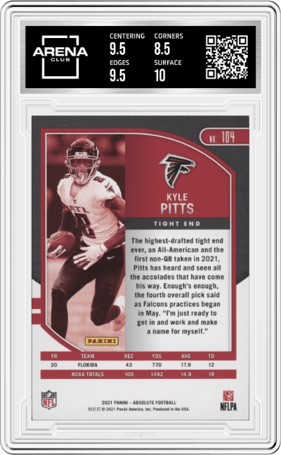 Kyle Pitts from the 2021 Panini Absolute set graded by Arena Club and given an overall grade of 9.