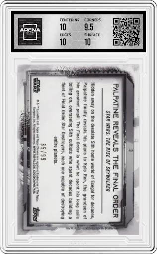 Palpatine Reveals The Final Order from the 2021 Topps Chrome Star Wars Legacy set featuring a Blue Refractor  parallel graded by Arena Club and given an overall grade of 10.