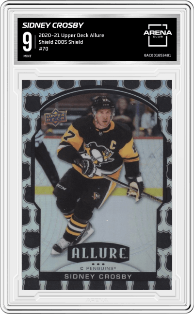 Sidney Crosby from the 2020-21 Upper Deck Allure set featuring a Shield 2005 Shield parallel graded by Arena Club and given an overall grade of 9.