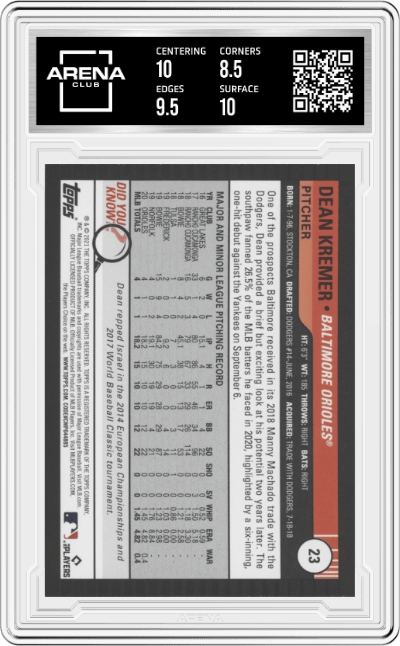 Dean Kremer from the 2021 Topps Big League set graded by Arena Club and given an overall grade of 9.