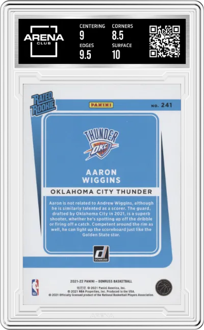Aaron Wiggins from the 2021-22 Panini Donruss set featuring a Yellow Flood parallel graded by Arena Club and given an overall grade of 9.
