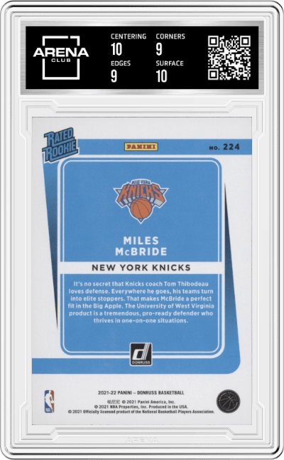 Miles McBride from the 2021-22 Panini Donruss set graded by Arena Club and given an overall grade of 9.5.