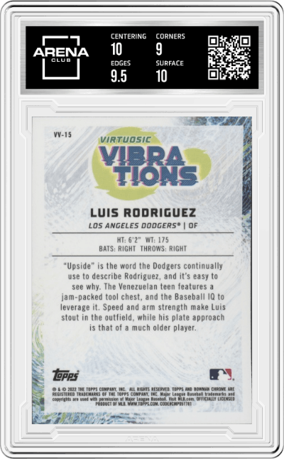 Luis Rodriguez from the 2022 Bowman set graded by Arena Club and given an overall grade of 9.5.