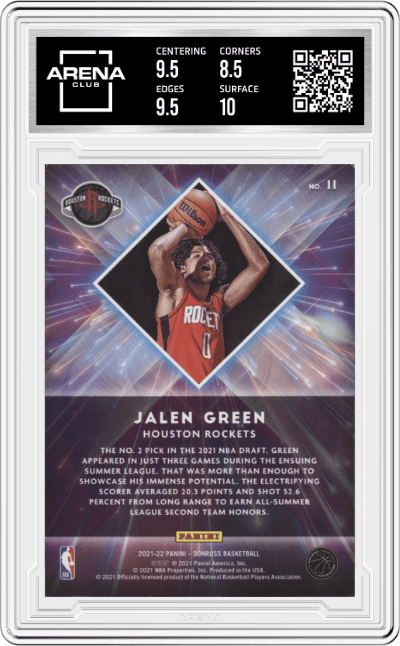 Jalen Green from the 2021-22 Panini Donruss set graded by Arena Club and given an overall grade of 9.