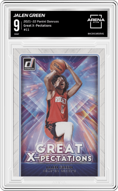Jalen Green from the 2021-22 Panini Donruss set graded by Arena Club and given an overall grade of 9.