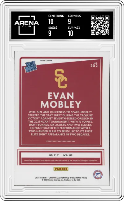 Evan Mobley from the 2021-22 Panini Chronicles Draft Picks set featuring a Orange parallel graded by Arena Club and given an overall grade of 9.5.