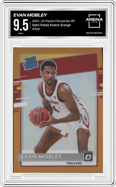 Evan Mobley from the 2021-22 Panini Chronicles Draft Picks set featuring a Orange parallel graded by Arena Club and given an overall grade of 9.5.