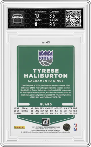 Tyrese Haliburton from the 2021-22 Panini Donruss set featuring a Yellow Flood parallel graded by Arena Club and given an overall grade of 9.