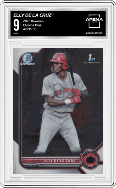Elly De LA Cruz from the 2022 Bowman set graded by Arena Club and given an overall grade of 9.
