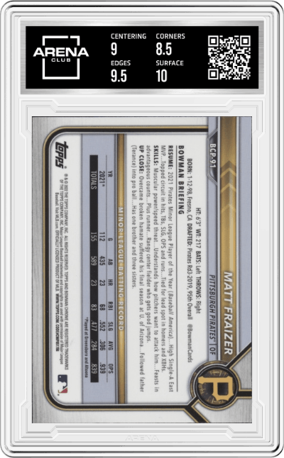 Matt Fraizer from the 2022 Bowman set graded by Arena Club and given an overall grade of 9.