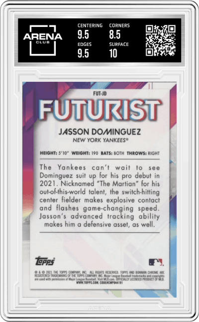 Jasson Dominguez from the 2021 Bowman set graded by Arena Club and given an overall grade of 9.