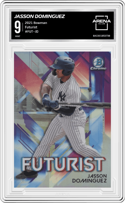 Jasson Dominguez from the 2021 Bowman set graded by Arena Club and given an overall grade of 9.