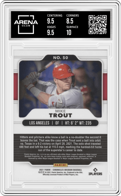 Mike Trout from the 2021 Panini Chronicles set featuring a Electric Etch Carolina Blue parallel graded by Arena Club and given an overall grade of 9.