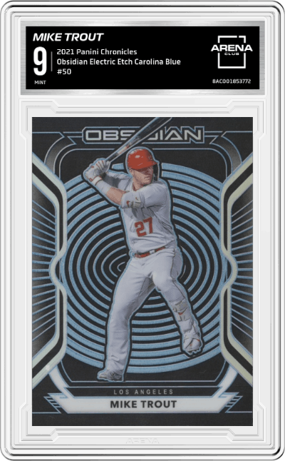 Mike Trout from the 2021 Panini Chronicles set featuring a Electric Etch Carolina Blue parallel graded by Arena Club and given an overall grade of 9.