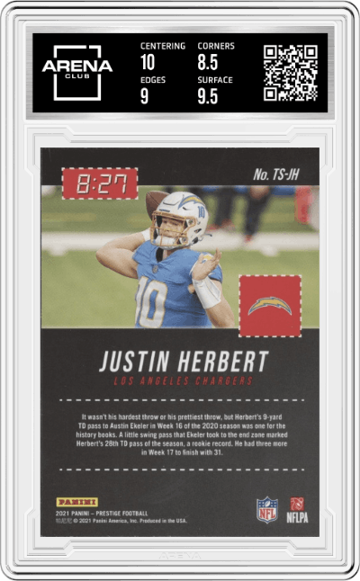 Justin Herbert from the 2021 Panini Prestige set graded by Arena Club and given an overall grade of 9.