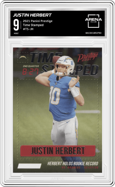 Justin Herbert from the 2021 Panini Prestige set graded by Arena Club and given an overall grade of 9.