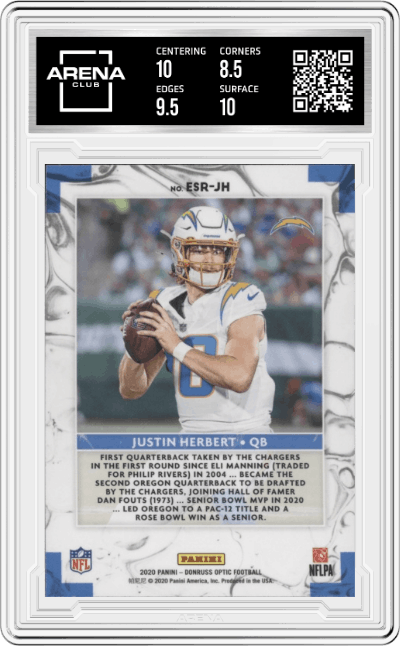 Justin Herbert from the 2020 Panini Donruss Optic set graded by Arena Club and given an overall grade of 9.
