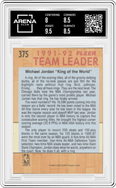 Michael Jordan from the 1991-92 Fleer set graded by Arena Club and given an overall grade of 8.5.